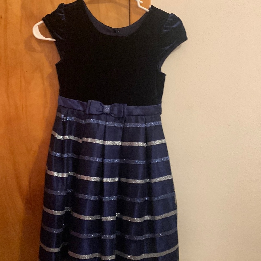 Dress, blue velvet on top, striped glitter tulle skirt